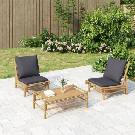 Salon de jardin 3 pcs avec coussins gris foncé bambou 