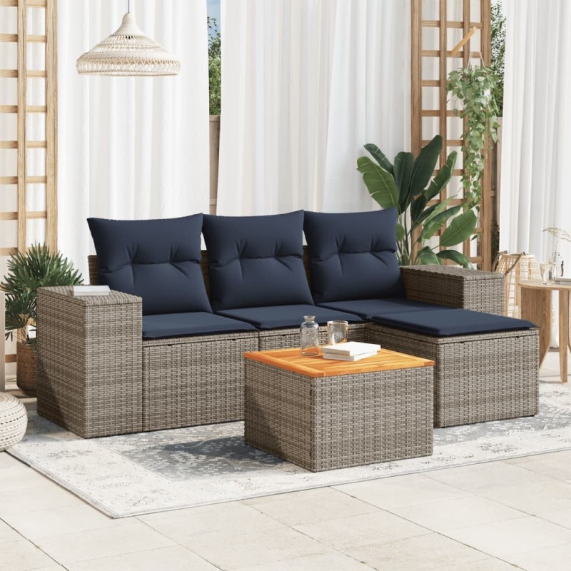 Salon de jardin 5 pcs avec coussins gris résine tressée 