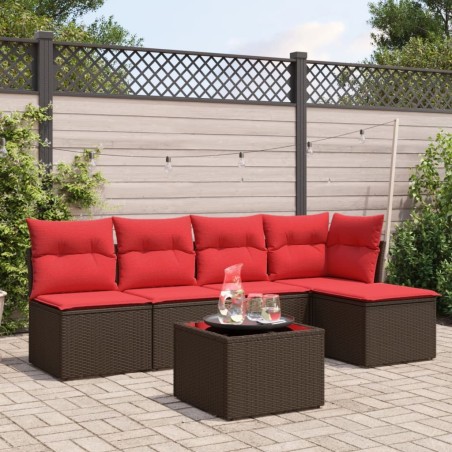 Salon de jardin 6 pcs avec coussins marron résine tressée 