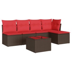 Salon de jardin 6 pcs avec coussins marron résine tressée 
