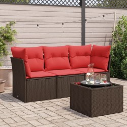 Salon de jardin 4 pcs avec coussins marron résine tressée 