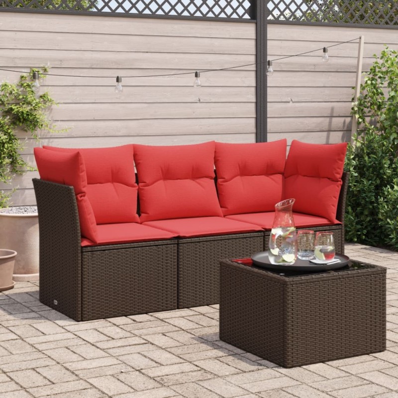 Salon de jardin 4 pcs avec coussins marron résine tressée 
