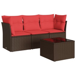 Salon de jardin 4 pcs avec coussins marron résine tressée 