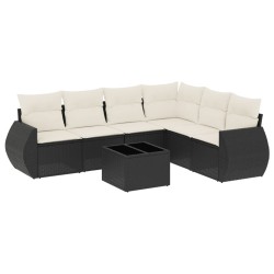 Salon de jardin 7 pcs avec coussins noir résine tressée 