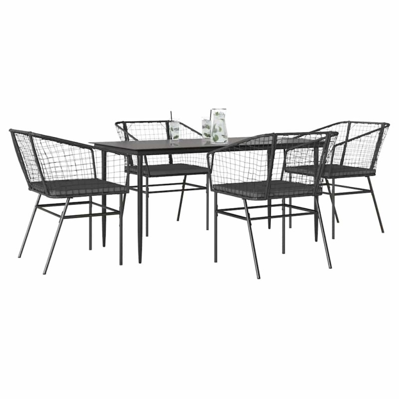 Ensemble à manger de jardin et coussins 5 pcs noir rotin verre 