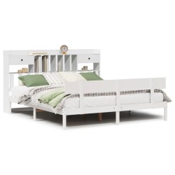 Lit bibliothèque sans matelas blanc 200x200 cm bois pin massif 