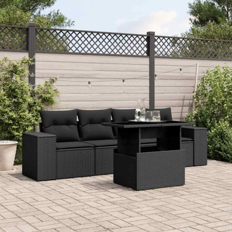 Salon de jardin 5 pcs avec coussins noir résine tressée 