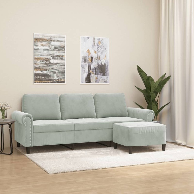 Canapé à 3 places avec repose-pieds Gris clair 180 cm Velours 