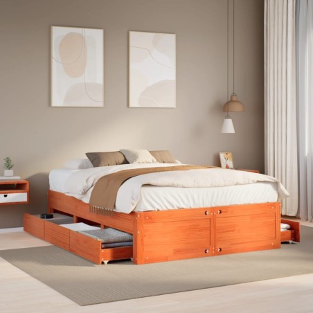 Cadre de lit sans matelas avec tiroirs brun cire 150x200 cm pin 