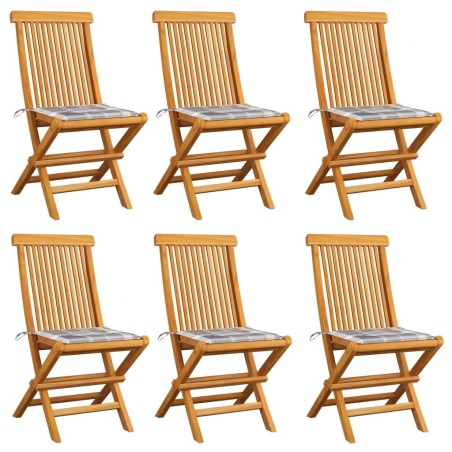 Chaises de jardin coussins à carreaux gris lot de 6 Teck massif 