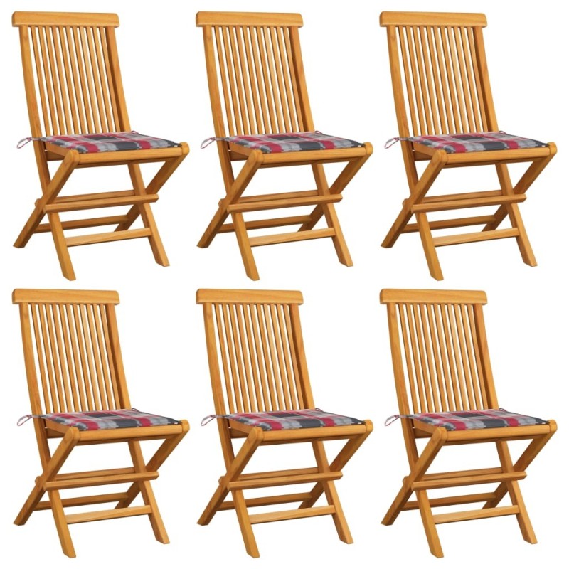 Chaises de jardin et coussins à carreaux rouge lot de 6 Teck 