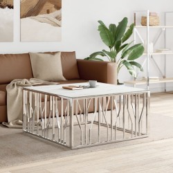Table basse argenté 100x100x50 cm acier inoxydable et verre 