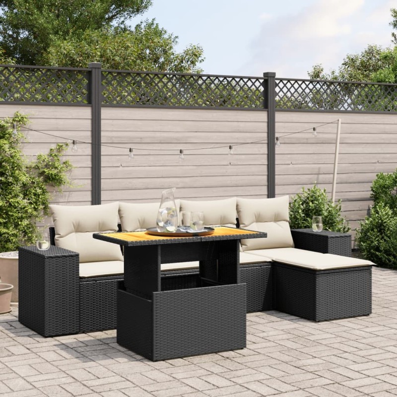 Salon de jardin 6 pcs avec coussins noir résine tressée 