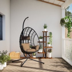 Chaise suspendue en forme d'œuf et support taupe rotin et acier 