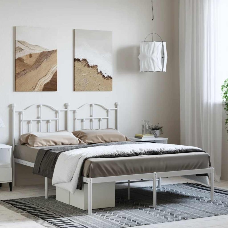 Cadre de lit métal sans matelas et tête de lit blanc 135x190 cm 