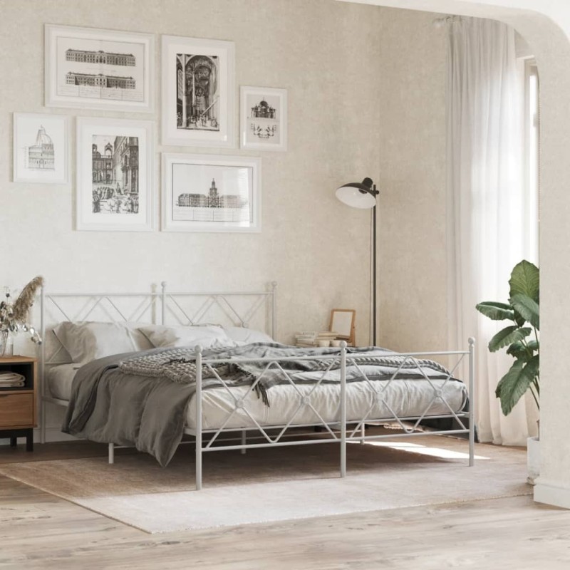 Cadre de lit métal sans matelas et pied de lit blanc 150x200 cm 