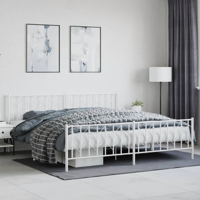 Cadre de lit métal sans matelas et pied de lit blanc 200x200 cm 
