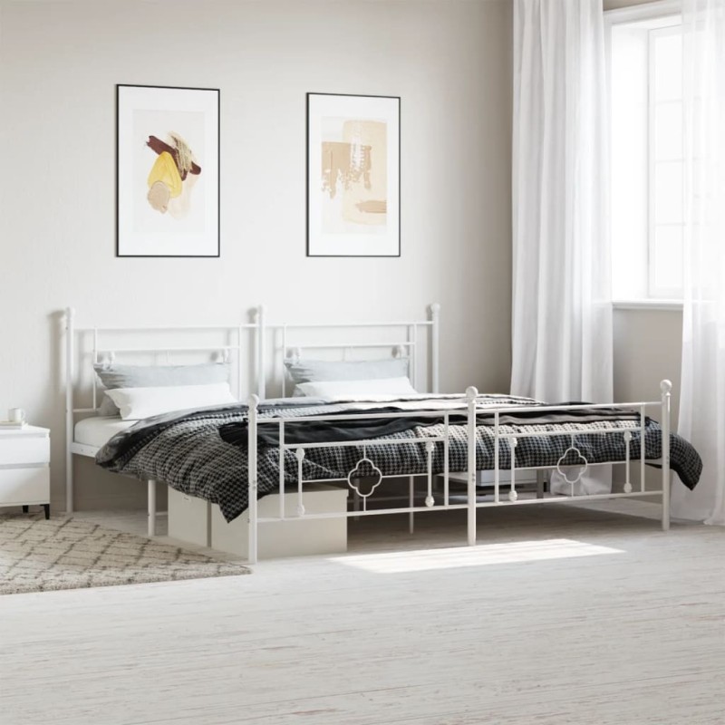 Cadre de lit métal sans matelas et pied de lit blanc 200x200 cm 