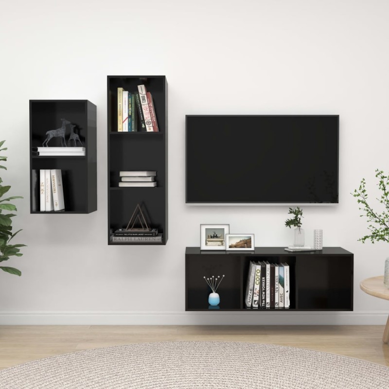 Ensemble de meubles TV 3 pcs Noir brillant Bois d'ingénierie Ensemble de meubles TV 3 pcs Noir brillant Bois d'ingénierie