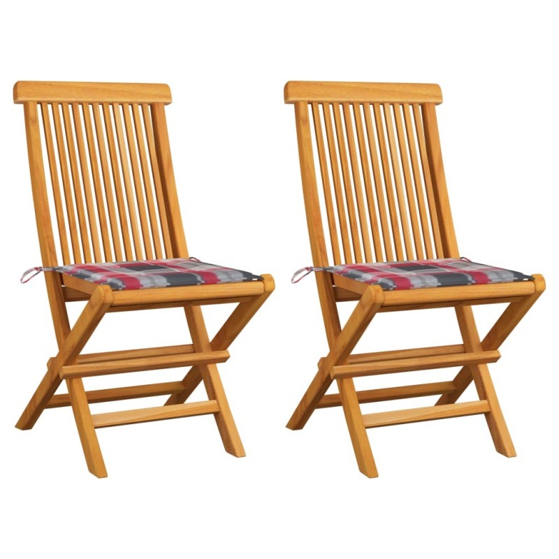 Chaises de jardin lot de 2 avec coussins à carreaux rouge Teck 