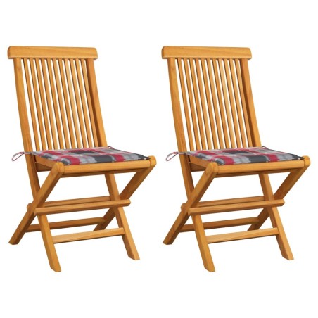 Chaises de jardin lot de 2 avec coussins à carreaux rouge Teck 