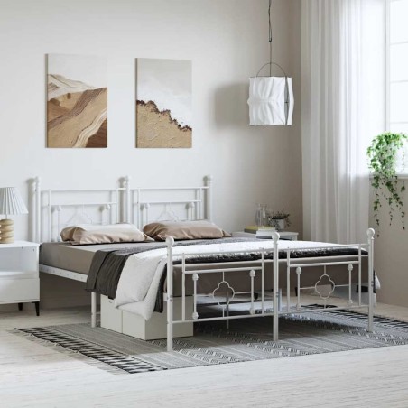 Cadre de lit métal sans matelas et pied de lit blanc 193x203 cm 
