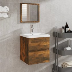 Armoire lavabo de salle de bain et bassin et miroir Chêne fumé 