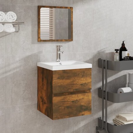Armoire lavabo de salle de bain et bassin et miroir Chêne fumé 