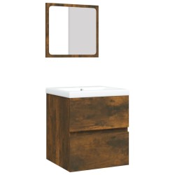 Armoire lavabo de salle de bain et bassin et miroir Chêne fumé 