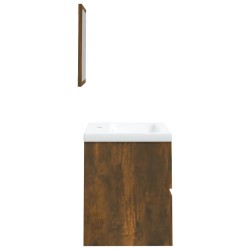 Armoire lavabo de salle de bain et bassin et miroir Chêne fumé 