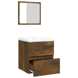 Armoire lavabo de salle de bain et bassin et miroir Chêne fumé 