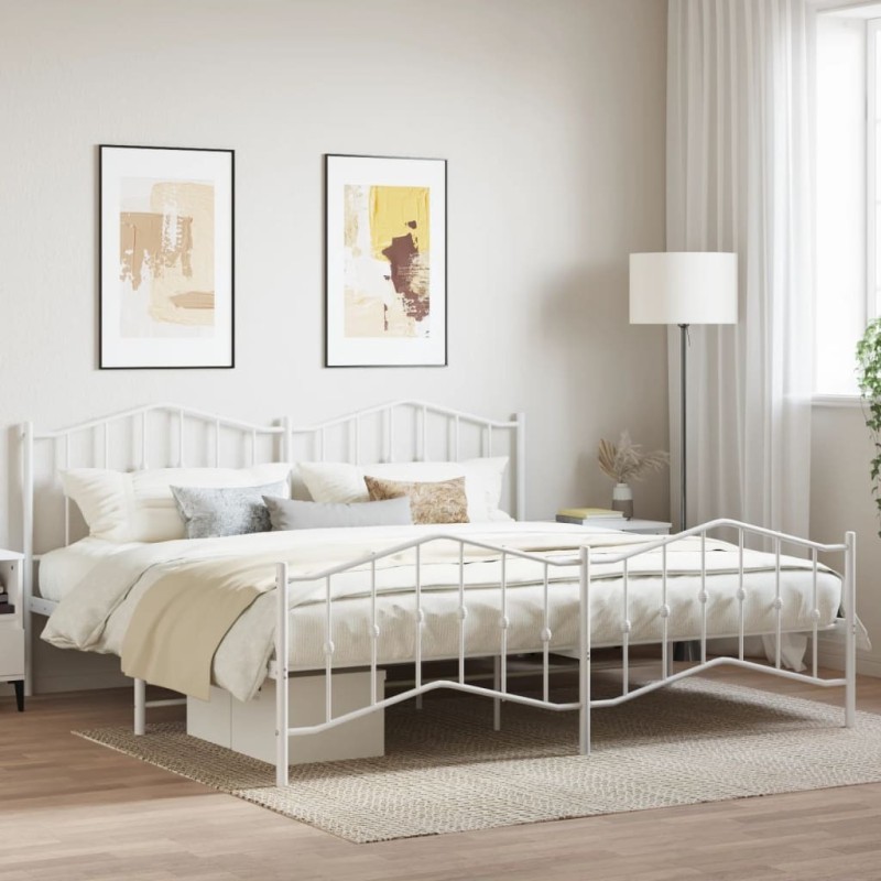 Cadre de lit métal sans matelas et pied de lit blanc 200x200 cm 