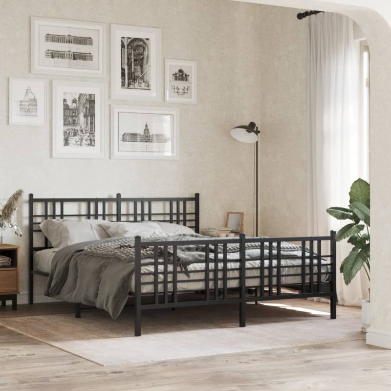 Cadre de lit métal sans matelas avec pied de lit noir 150x200cm 