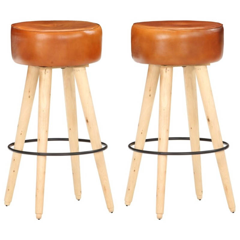 Tabourets de bar lot de 2 cuir véritable et bois de manguier Tabourets de bar lot de 2 cuir véritable et bois de manguier