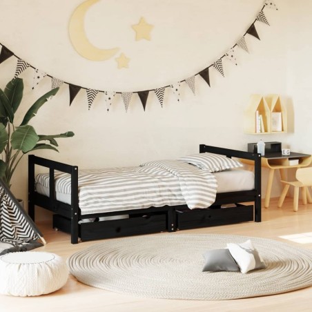 Cadre de lit pour enfant tiroirs noir 80x160 cm bois pin massif 
