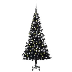 Arbre de Noël artificiel pré-éclairé et boules noir 150 cm PVC 