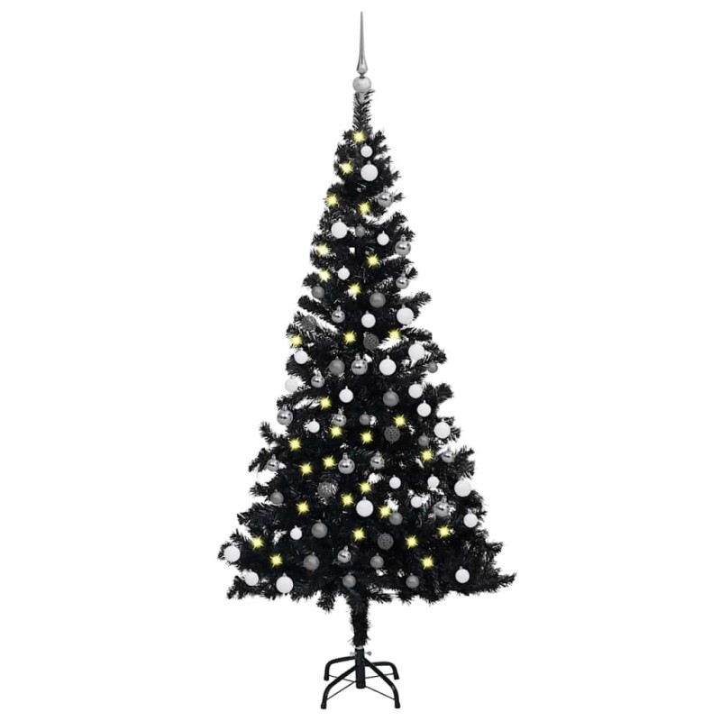 Arbre de Noël artificiel pré-éclairé et boules noir 150 cm PVC 