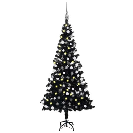 Arbre de Noël artificiel pré-éclairé et boules noir 150 cm PVC 