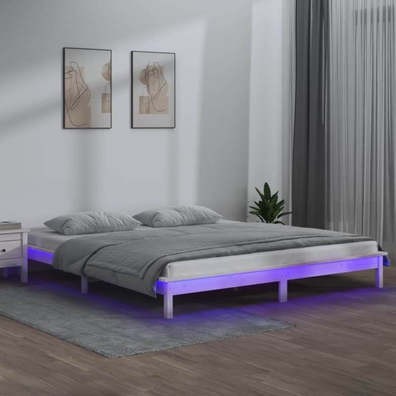Cadre de lit à LED sans matelas blanc 160x200 cm bois massif 