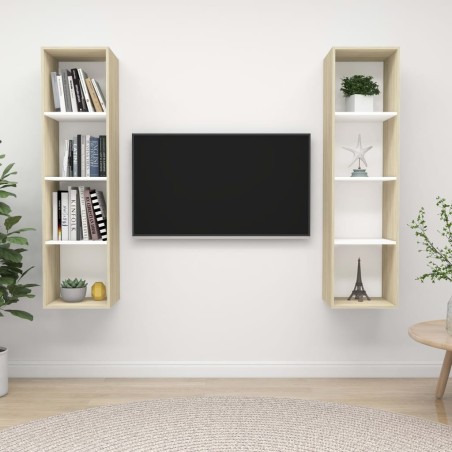 Meubles TV muraux 2 pcs Blanc et chêne sonoma Bois d'ingénierie 