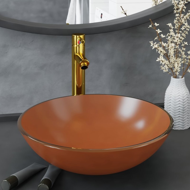 Lavabo de bain avec robinet et drain à poussoir Verre trempé 