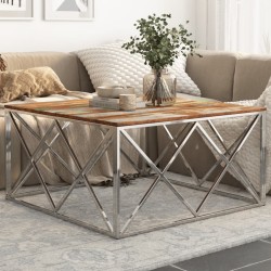 Table basse argenté inox et bois de récupération massif 