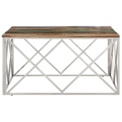 Table basse argenté inox et bois de récupération massif 