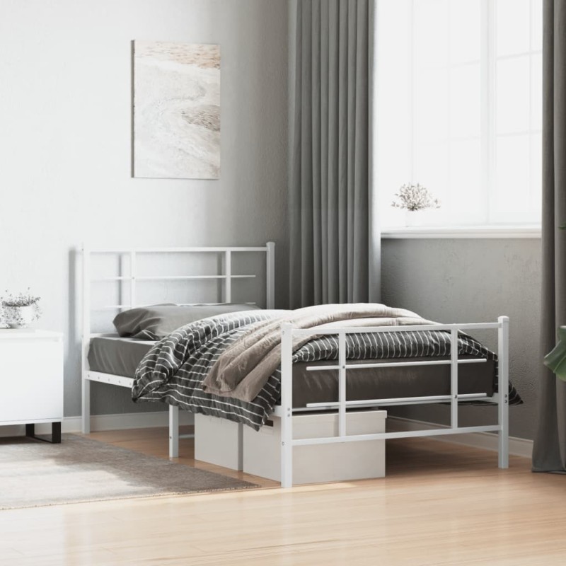 Cadre de lit métal sans matelas et pied de lit blanc 100x190 cm 