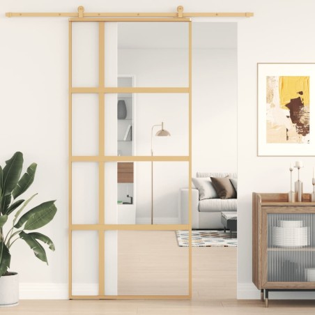 Porte coulissante doré 90x205 cm verre ESG clair et aluminium 