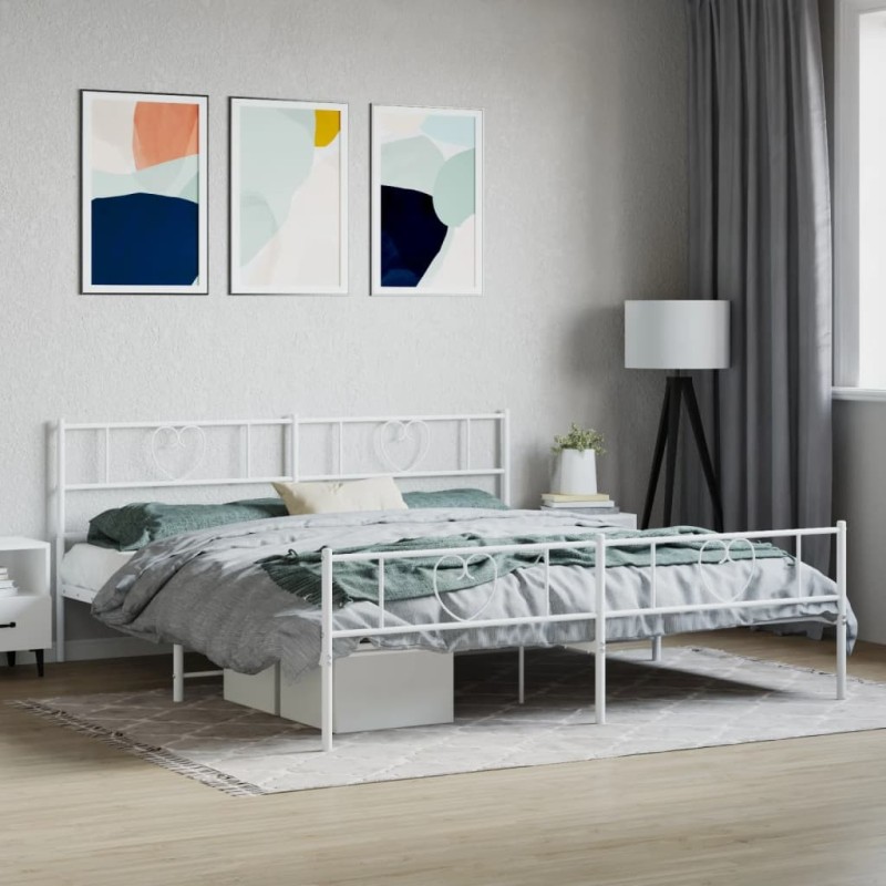 Cadre de lit métal sans matelas et pied de lit blanc 200x200 cm 