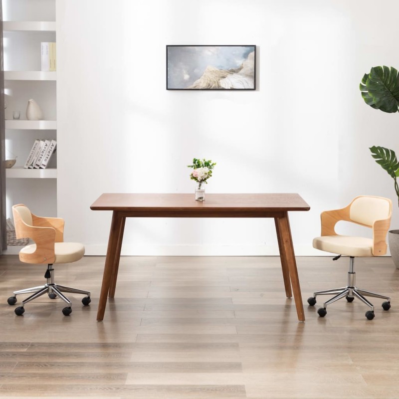 Chaise pivotante de bureau Crème Bois courbé et similicuir 