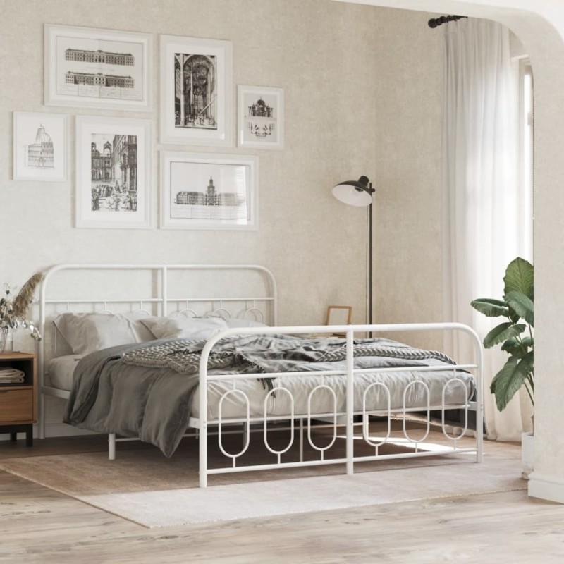 Cadre de lit métal sans matelas et pied de lit blanc 150x200 cm 