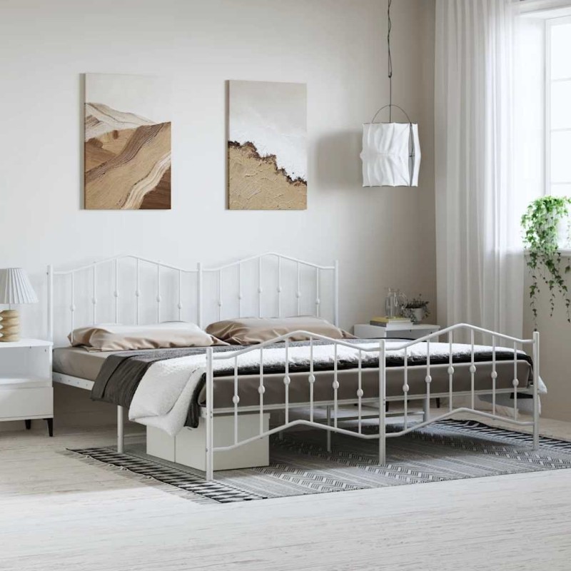 Cadre de lit métal sans matelas et pied de lit blanc 193x203 cm 