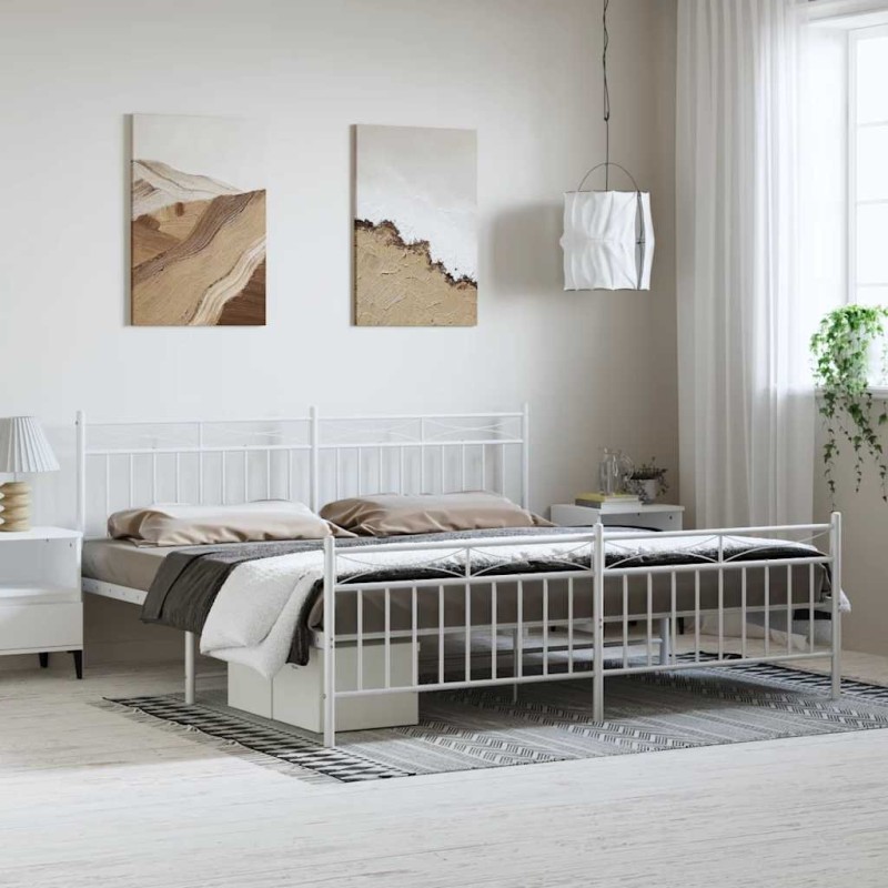 Cadre de lit métal sans matelas et pied de lit blanc 183x213 cm 